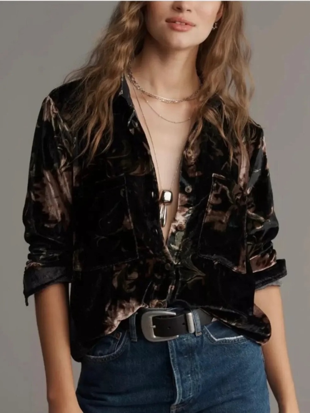 Anthropologie Pilcro Hadley Velvet Relaxed Buttondown Shirt Navy Floral nwt